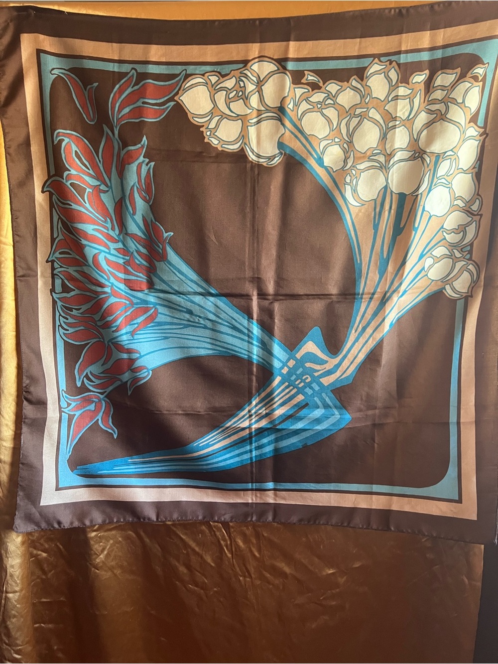 Vintage Floral Art Nouveau Square Scarf in Brown, Turquoise & Cream